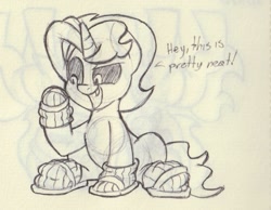 Size: 1141x886 | Tagged: safe, artist:unitxxvii, oc, oc:dyx, alicorn, clothes, female, filly, foal, imported from derpibooru, monochrome, oc only, open mouth, open smile, pencil drawing, pony, sandals, sitting, smiling, socks, socks with sandals, solo, traditional art, wingless, wingless alicorn
