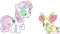 Size: 1175x680 | Tagged: safe, artist:amyandluigifan, sweetie belle, crossover, duo, female, fennekin, filly, foal, g4, horn, imported from derpibooru, pokémon, raised hoof, simple background, unicorn, white background