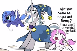Size: 4096x2731 | Tagged: safe, artist:wolflly, princess celestia, princess luna, 2026, alicorn, annoyed, beard, blue fur, blue mane, blue wings, blush lines, blushing, cewestia, child, cloak, clothes, colored, complaining, daddy star swirl, dialogue, digital art, english, eyebrows, eyebrows visible through hair, eyelashes, eyes closed, facial hair, feathered wings, female, filly, filly luna, flapping wings, flying, foal, folded wings, furrowed brow, g4, gray mane, gray tail, hair over one eye, happy, hat, held by tail, horn, imported from derpibooru, larger male, long mane, long tail, male, motion lines, open mouth, open smile, paper, pink mane, pony, princess, quadrupedal, siblings, simple background, sisters, size difference, smaller female, smiling, stallion, standing, star swirl the bearded, tail, trio, trio male and female, two toned mane, two toned tail, unicorn, white background, white beard, white mane, white tail, white wings, wings, wizard hat, woona, young celestia, young luna, younger