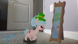 Size: 1280x720 | Tagged: safe, artist:cgh-walker, artist:jeatz-axl, artist:puzzls2, 2d, cozy glow, derpibooru exclusive, drunk, female, filly, foal, g4, hat, i wanna play house (1936), ibispaint x, imported from derpibooru, indoors, irl, mirror, pegasus, photo, pony, recreation, reflection, signature, solo