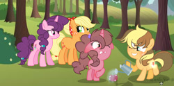 Size: 1280x634 | Tagged: safe, artist:pandastars1109, applejack, oc, earth pony, female, filly, foal, g4, horn, imported from derpibooru, mare, offspring, outdoors, parent:applejack, parent:big macintosh, parent:caramel, parent:sugar belle, parents:carajack, parents:sugarmac, pony, sugar belle, unicorn