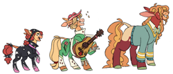 Size: 2971x1269 | Tagged: safe, artist:baylard, apple bloom, applejack, acoustic guitar, alternate hairstyle, apple chord, apple siblings, apple sisters, big macintosh, brother and sister, clothes, ears back, earth pony, female, filly, foal, g4, grin, guitar, hair over eyes, imported from derpibooru, looking at you, male, mare, musical instrument, open mouth, open smile, pony, ponytones outfit, show stopper outfits, siblings, simple background, sisters, smiling, smiling at you, stallion, sweater, trio, white background