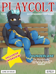 Size: 2260x3000 | Tagged: explicit, artist:dosh, series:dosh's mare-a-thon, balls, belly, belly button, bench, clothes, colt, dark genitals, foal, g4, genitals, horsecock, imported from derpibooru, looking at you, magazine, male, marks and recreation, my little pony: friendship is magic, nudity, outdoors, parody, pegasus, penis, playcolt, pony, reversed gender roles equestria, rumble, sitting, smiling, solo focus, stallion, text, thunderlane, uniform, voyeur, voyeurism, wonderbolts uniform