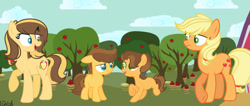 Size: 750x319 | Tagged: safe, artist:comet-swirls, applejack, oc, oc:apple caramel, colt, earth pony, female, foal, g4, imported from derpibooru, male, mare, offspring, outdoors, parent:applejack, parent:caramel, parents:carajack, pony, siblings, twins