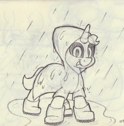 Size: 1031x1042 | Tagged: safe, artist:unitxxvii, oc, oc:nyx, alicorn, female, filly, foal, imported from derpibooru, looking at you, monochrome, oc only, pen drawing, pony, rain, rain boots, raincoat, smiling, smiling at you, solo, traditional art