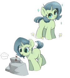 Size: 2319x2571 | Tagged: safe, artist:lillslim, oc, oc:almond blossom, daisy (flower), female, filly, flower, foal, g4, horn, imported from derpibooru, insect, looking at something, looking at you, oc only, pony, sparkles, stone, unicorn