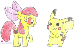 Size: 1114x717 | Tagged: safe, artist:amyandluigifan, apple bloom, crossover, duo, duo male and female, female, filly, foal, g4, ikue otani, imported from derpibooru, male, pikabloom, pikachu, pokémon, raised hoof, simple background, voice actor joke, white background