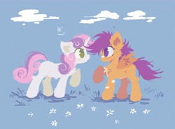 Size: 4096x3017 | Tagged: safe, artist:mirtash, scootaloo, sweetie belle, band-aid, band-aid on leg, band-aid on nose, blue background, blush lines, blushing, cheek fluff, chest fluff, cloud, colored eyelashes, duo, duo female, ear fluff, facing each other, feathered fetlocks, female, fetlock tuft, filly, flower, foal, g4, grass, green eyelashes, green eyes, hi, hock fluff, horn, imported from derpibooru, looking at each other, looking at someone, no pupils, noise, pegasus, pony, purple eyelashes, purple eyes, raised hoof, simple background, smiling, smiling at someone, spread wings, unicorn, wings
