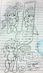 Size: 2181x3689 | Tagged: safe, artist:dhm, oc, oc:anon-mare, oc:filly anon, admiring, advice, comic, eyebrows, feels, female, filly, foal, imported from derpibooru, lined paper, looking at a mirror, looking at you, male to female, mirror, monochrome, pencil drawing, pony, pride month, raised eyebrow, rule 63, speech bubble, stain, talking, talking to viewer, text, traditional art, transgender, turned head, vulgar