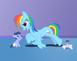 Size: 1024x809 | Tagged: safe, artist:rebron-y, rainbow dash, oc, oc:ambiance, baby, baby pony, female, filly, foal, g4, imported from derpibooru, mare, mother and child, mother and daughter, offspring, parent:rainbow dash, parent:soarin', parents:soarindash, pegasus, pony, wing-ups