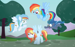 Size: 1280x808 | Tagged: safe, artist:shirosunshineyt, rainbow dash, oc, oc:flaming dash, oc:lightning sound, oc:prism light, colt, female, foal, g4, imported from derpibooru, male, mare, mother and child, mother and daughter, mother and son, offspring, outdoors, parent:rainbow dash, parent:soarin', parents:soarindash, pegasus, pony