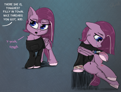 Size: 2250x1716 | Tagged: semi-grimdark, artist:chopsticks, oc, oc:cookie cutter, ask cookie cutter, bandage, bleeding, blood, bloody knife, box cutter, cheek fluff, chest fluff, clothes, crossed legs, crying, cutting, dialogue, ear fluff, female, filly, floppy ears, foal, hock fluff, imported from derpibooru, knife, leg fluff, lip bite, looking down, not pinkamena, oc only, offscreen character, pegasus, pony, self harm, sitting, sketch, solo, stray strand, stuttering, sweatshirt, unshorn fetlocks, wing fluff, wing hands, wing hold, wings