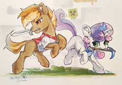 Size: 3583x2505 | Tagged: safe, artist:rikadiane, button mash, sweetie belle, colt, don't mine at night, earth pony, female, filly, foal, g4, horn, imported from derpibooru, male, mouth hold, pickaxe, pony, quadrupedal, sword, unicorn, weapon