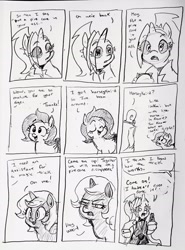 Size: 2296x3110 | Tagged: safe, artist:pony quarantine, oc, oc:anon, oc:dyx, oc:filly anon, oc:nyx, series:pq funnies, alicorn, comic, comic strip, dialogue, earth pony, eye clipping through hair, female, filly, foal, grayscale, human, implied anal insertion, implied insertion, imported from derpibooru, looking at you, male, monochrome, oc only, pencil drawing, pinecone, pony, talking to viewer, traditional art, vulgar