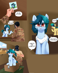 Size: 9383x11935 | Tagged: safe, artist:lillslim, oc, oc:anon, oc:apogee, oc:delta vee, oc:houston, brushing, camouflage, clothes, cute, female, filly, foal, haircut, human, human and pony, human male, imported from derpibooru, male, mare, military uniform, old photo, pony, rat, uniform
