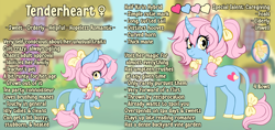 Size: 2000x941 | Tagged: safe, artist:bananitryi, oc, oc:tenderheart, oc:tenderheart (tender), blue fur, bow, colored hooves, curved horn, cutie mark, female, filly, foal, hair bow, hooves, horn, hybrid, imported from derpibooru, kirin, leonine tail, mare, oc only, outdoors, pigtails, pink mane, pony, ponytail, ponyville, reference sheet, solo, tail, tail bow, unicorn, yellow eyes