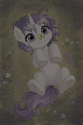 Size: 1024x1535 | Tagged: safe, artist:charlyzambrano, :3, butterfly, butterfly on nose, cute, digital art, female, field, filly, flower, foal, g4, horn, imported from derpibooru, insect on nose, pony, sitting, smiling, solo, star swirl the bearded, unicorn