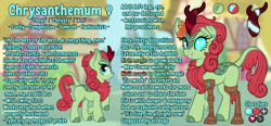 Size: 2000x929 | Tagged: safe, artist:beau asher, oc, oc:chrysanthemum, oc:chrysanthemum (tender), amputee, blue eyes, ear piercing, earring, female, filly, flower, foal, glass eye, green coat, green scales, imported from derpibooru, jewelry, kirin, mare, oc only, outdoors, piercing, pony, ponyville, prosthetics, red hair, reference sheet, solo, tail, torn ear