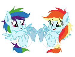 Size: 2048x1536 | Tagged: safe, artist:pimpartist101, oc, oc:rainbow sandstorm, oc:stronghold skies, fanfic:twin trouble, baby, baby pony, colt, fanfic art, female, filly, foal, imported from derpibooru, male, oc only, offspring, parent:rainbow dash, parent:soarin', parents:soarindash, pegasus, pony, siblings, twins