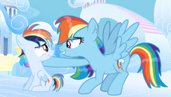 Size: 750x425 | Tagged: safe, artist:princess-kitsune-tsu, rainbow dash, oc, oc:rainbow strike, colt, female, foal, g4, imported from derpibooru, male, mare, mother and child, mother and son, offspring, parent:rainbow dash, parent:soarin', parents:soarindash, pegasus, pony, spread wings, wings