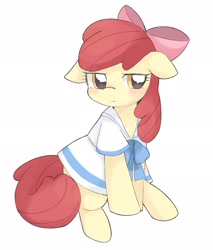 Size: 1747x2048 | Tagged: safe, artist:ginmaruxx, apple bloom, adorabloom, blue bow, blushing, bow, bowtie, clothes, cute, dress, earth pony, female, filly, floppy ears, foal, full body, g4, hair bow, imported from derpibooru, pink bow, pleated skirt, pony, pouting, sailor uniform, short sleeves, simple background, sitting, skirt, solo, unamused, uniform, white background, white dress, white shirt, white skirt