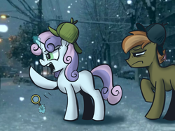 Size: 1920x1440 | Tagged: safe, artist:moonivy, button mash, sweetie belle, button mash is not amused, car, colt, deerstalker, detective, duo, duo male and female, earth pony, female, filly, foal, frown, g4, glowing, glowing horn, hat, horn, imported from derpibooru, magic, male, narrowed eyes, open mouth, outdoors, pony, raised hoof, sherlock holmes, snow, snowfall, tree, unamused, unicorn, vehicle, watson
