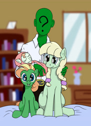 Size: 2988x4096 | Tagged: safe, artist:yukkuripalehorse, oc, oc:anon, oc:minty steps, bed, bookshelf, bundle, daughter, earth pony, eyes closed, father and child, father and daughter, father and mother, female, filly, foal, happy, holding, human, husband and wife, imported from derpibooru, indoors, looking at someone, male, mare, mother and child, mother and daughter, petting, pony, sitting, sleeping, smiling, window