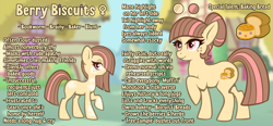 Size: 2000x929 | Tagged: safe, artist:beau asher, oc, oc:berry biscuits, brown hair, cutie mark, earth pony, female, filly, foal, freckles, hair bun, hair stripe, imported from derpibooru, lidded eyes, mare, oc only, outdoors, pink eyes, pink hair, pony, reference sheet, solo, straight hair, striped mane, yellow fur