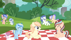 Size: 1280x720 | Tagged: safe, artist:lps604, oc, oc:apple fragrance, oc:astra sentry, oc:charm glimmer, oc:crystal light, oc:diamond glow, oc:orion sentry, oc:rainbow moon, oc:strawberry cheesecake, city, colt, earth pony, female, filly, foal, horn, imported from derpibooru, male, mare, needs more jpeg, obtrusive watermark, oc only, offspring, outdoors, parent:applejack, parent:cheese sandwich, parent:fancypants, parent:flash sentry, parent:pinkie pie, parent:rainbow dash, parent:rarity, parent:soarin', parent:starlight glimmer, parent:sunburst, parent:trenderhoof, parent:twilight sparkle, parents:cheesepie, parents:flashlight, parents:raripants, parents:soarindash, parents:starburst, parents:trenderjack, pegasus, picnic blanket, pony, teenager, tree, unicorn, watermark