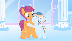 Size: 1920x1080 | Tagged: safe, artist:lps604, scootaloo, oc, oc:solstice dash, aunt and niece, bipedal, bipedal leaning, column, duo, duo female, eyes closed, eyes open, female, filly, foal, g4, grin, hug, imported from derpibooru, leaning, mare, offspring, older, older scootaloo, open mouth, open smile, parent:rainbow dash, parent:soarin', parents:soarindash, pegasus, pony, quadrupedal, smiling