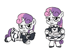Size: 698x491 | Tagged: safe, artist:myra, sweetie belle, alternative fashion, clothes, female, filly, foal, g4, goth, gothic lolita, gritted teeth, heart print, horn, imported from derpibooru, j-fashion, lolita fashion, maid, mentally advanced series, pony, simple background, solo, teeth, thrackerzod, unicorn, white background