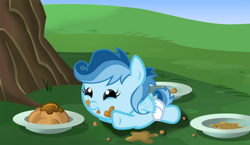 Size: 750x435 | Tagged: safe, artist:forsale90, oc, oc:shooting star, baby, baby pony, female, filly, foal, food, imported from derpibooru, offspring, parent:rainbow dash, parent:soarin', parents:soarindash, pegasus, pony