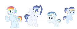 Size: 1280x486 | Tagged: safe, artist:lps604, oc, oc:lightning boom, oc:prism sky, oc:rainbow light, oc:solstice skies, colt, female, foal, imported from derpibooru, male, mare, offspring, parent:rainbow dash, parent:soarin', parents:soarindash, pegasus, pony, siblings, stallion
