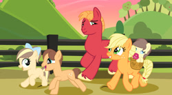 Size: 1280x711 | Tagged: safe, artist:lps604, applejack, oc, oc:apple heart, oc:butterscotch, oc:zap apple cider, baby, baby pony, big macintosh, colt, earth pony, female, filly, foal, g4, imported from derpibooru, male, mare, offspring, parent:applejack, parent:caramel, parents:carajack, pony, stallion, teenager
