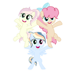 Size: 1280x1280 | Tagged: safe, artist:lps604, oc, oc:caramel pie, oc:lily glow, oc:solstice dash, earth pony, female, filly, foal, hybrid, imported from derpibooru, interspecies offspring, offspring, parent:cheese sandwich, parent:discord, parent:fluttershy, parent:pinkie pie, parent:rainbow dash, parent:soarin', parents:cheesepie, parents:discoshy, parents:soarindash, pegasus, pony