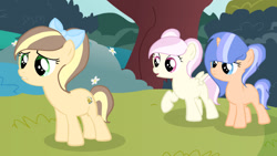 Size: 1280x720 | Tagged: safe, artist:lps604, oc, oc:meadow wishes, oc:stellar sentry, oc:zap apple cider, earth pony, female, filly, foal, horn, hybrid, imported from derpibooru, interspecies offspring, needs more jpeg, oc only, offspring, outdoors, parent:applejack, parent:caramel, parent:discord, parent:flash sentry, parent:fluttershy, parent:twilight sparkle, parents:carajack, parents:discoshy, parents:flashlight, pegasus, pony, trio, unicorn