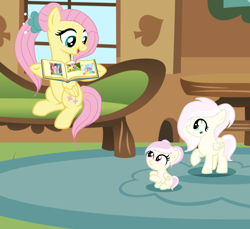 Size: 1147x1050 | Tagged: safe, artist:lps604, fluttershy, oc, oc:little harmony, oc:meadow wishes, female, filly, foal, g4, hybrid, imported from derpibooru, indoors, interspecies offspring, mare, mother and child, mother and daughter, offspring, parent:discord, parent:fluttershy, parents:discoshy, pegasus, pony, trio