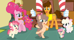Size: 1280x693 | Tagged: safe, artist:lps604, pinkie pie, oc, oc:candy cake, oc:caramel pie, oc:chocolate sprinkles, oc:strawberry shortcake, baby, baby pony, cheese sandwich, earth pony, female, filly, foal, g4, imported from derpibooru, indoors, male, mare, needs more jpeg, offspring, older, older pinkie pie, parent:cheese sandwich, parent:pinkie pie, parents:cheesepie, pony, ship:cheesepie, shipping, stallion, straight