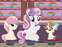 Size: 1280x979 | Tagged: safe, artist:lps604, sweetie belle, oc, oc:rose magic, oc:sweet music, female, filly, foal, g4, horn, imported from derpibooru, indoors, mare, mother and child, mother and daughter, needs more jpeg, offspring, older, older sweetie belle, parent:button mash, parent:sweetie belle, parents:sweetiemash, pony, trio, unicorn