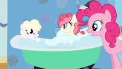 Size: 1280x723 | Tagged: safe, artist:lps604, pinkie pie, oc, oc:candy cake, oc:strawberry shortcake, baby, baby pony, earth pony, female, filly, foal, g4, imported from derpibooru, mare, mother and child, mother and daughter, needs more jpeg, obtrusive watermark, offspring, parent:cheese sandwich, parent:pinkie pie, parents:cheesepie, pony, trio, watermark