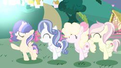 Size: 1280x720 | Tagged: safe, artist:lps604, oc, oc:candy cake, oc:lily glow, oc:solstice star, oc:topaz night, alicorn, earth pony, female, filly, foal, group, horn, hybrid, imported from derpibooru, interspecies offspring, needs more jpeg, oc only, offspring, outdoors, parent:cheese sandwich, parent:discord, parent:fancypants, parent:flash sentry, parent:fluttershy, parent:pinkie pie, parent:rarity, parent:twilight sparkle, parents:cheesepie, parents:discoshy, parents:flashlight, parents:raripants, pegasus, pony, quartet, unicorn