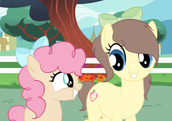 Size: 749x528 | Tagged: safe, artist:lps604, oc, oc:apple heart, oc:caramel pie, duo, earth pony, female, filly, foal, imported from derpibooru, mare, needs more jpeg, oc only, offspring, outdoors, parent:applejack, parent:caramel, parent:cheese sandwich, parent:pinkie pie, parents:carajack, parents:cheesepie, pony