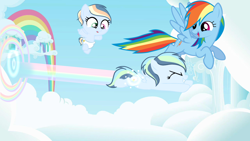 Size: 1280x720 | Tagged: safe, artist:lps604, rainbow dash, oc, oc:rainbow light, oc:solstice dash, baby, baby pony, female, filly, foal, g4, imported from derpibooru, mare, mother and child, mother and daughter, offspring, outdoors, parent:rainbow dash, parent:soarin', parents:soarindash, pegasus, pony