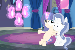 Size: 866x572 | Tagged: safe, artist:lps604, oc, oc:solstice star, oc:topaz night, alicorn, female, filly, foal, horn, imported from derpibooru, indoors, oc only, offspring, parent:fancypants, parent:flash sentry, parent:rarity, parent:twilight sparkle, parents:flashlight, parents:raripants, pony, unicorn