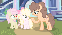 Size: 1136x640 | Tagged: safe, artist:lps604, oc, oc:candy cake, oc:chocolate sprinkles, oc:galaxy shy, earth pony, female, filly, foal, hybrid, imported from derpibooru, interspecies offspring, mare, oc only, offspring, outdoors, parent:cheese sandwich, parent:discord, parent:fluttershy, parent:pinkie pie, parents:cheesepie, parents:discoshy, pegasus, pony