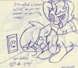 Size: 1044x919 | Tagged: safe, artist:unitxxvii, oc, oc:dyx, oc:filly anon, alicorn, dialogue, duo, duo female, electrical outlet, eyebrows, female, filly, foal, horn, imported from derpibooru, indoors, monochrome, oc only, open mouth, open smile, pen drawing, pony, raised eyebrow, smiling, this will end in electrocution, too dumb to live, traditional art, unicorn