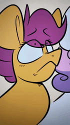 Size: 720x1280 | Tagged: safe, artist:crookedbeetles, apple bloom, scootaloo, sweetie belle, animated, apple bloom's bow, bow, cutie mark crusaders, earth pony, eye clipping through hair, eyebrows, eyebrows visible through hair, female, filly, foal, g4, hair bow, hat, horn, imported from derpibooru, laughing, male, pegasus, pony, sound, stallion, trouble shoes, unicorn, vulgar, webm