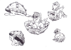 Size: 1063x752 | Tagged: safe, artist:malte279, oc, oc:leafhelm, colt, cute, floppy ears, foal, frown, grin, helmet, imported from derpibooru, looking up, male, marker drawing, monochrome, simple background, smiling, traditional art, white background