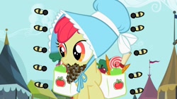 Size: 1280x720 | Tagged: safe, editor:ebotizer, apple bloom, bag, bee, bee beard, bonnet, earth pony, edit, edited screencap, family appreciation day, female, filly, foal, g4, hat, imported from derpibooru, insect, mouth hold, my little pony: friendship is magic, outdoors, pony, saddle bag, screencap, solo, tents