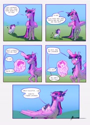 Size: 2963x4096 | Tagged: safe, artist:maxiima, twilight sparkle, oc, oc:lavender, alicorn, comic, duo, eyebrows, eyebrows visible through hair, female, filly, foal, g4, horn, implied rarity, imported from derpibooru, jewelry, magic, magical lesbian spawn, mare, mother and child, mother and daughter, necklace, offspring, outdoors, parent:rarity, parent:twilight sparkle, parents:rarilight, ponies riding ponies, pony, riding, riding a pony, tail, tail wag, telekinesis, unicorn, vulgar